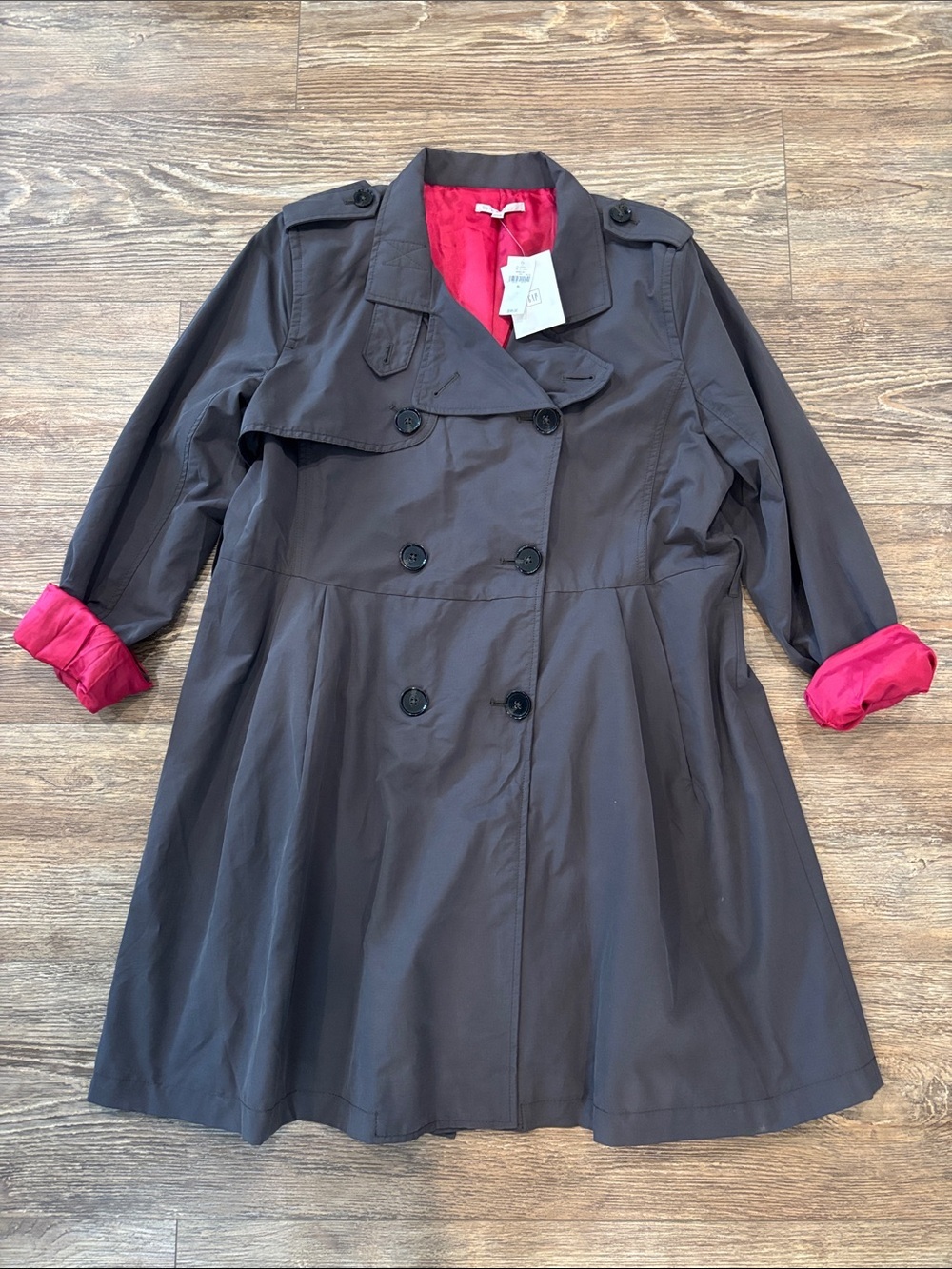 GAP Gray Double-Breasted Trench Coat with Pink Lining Women's Size XL NWT